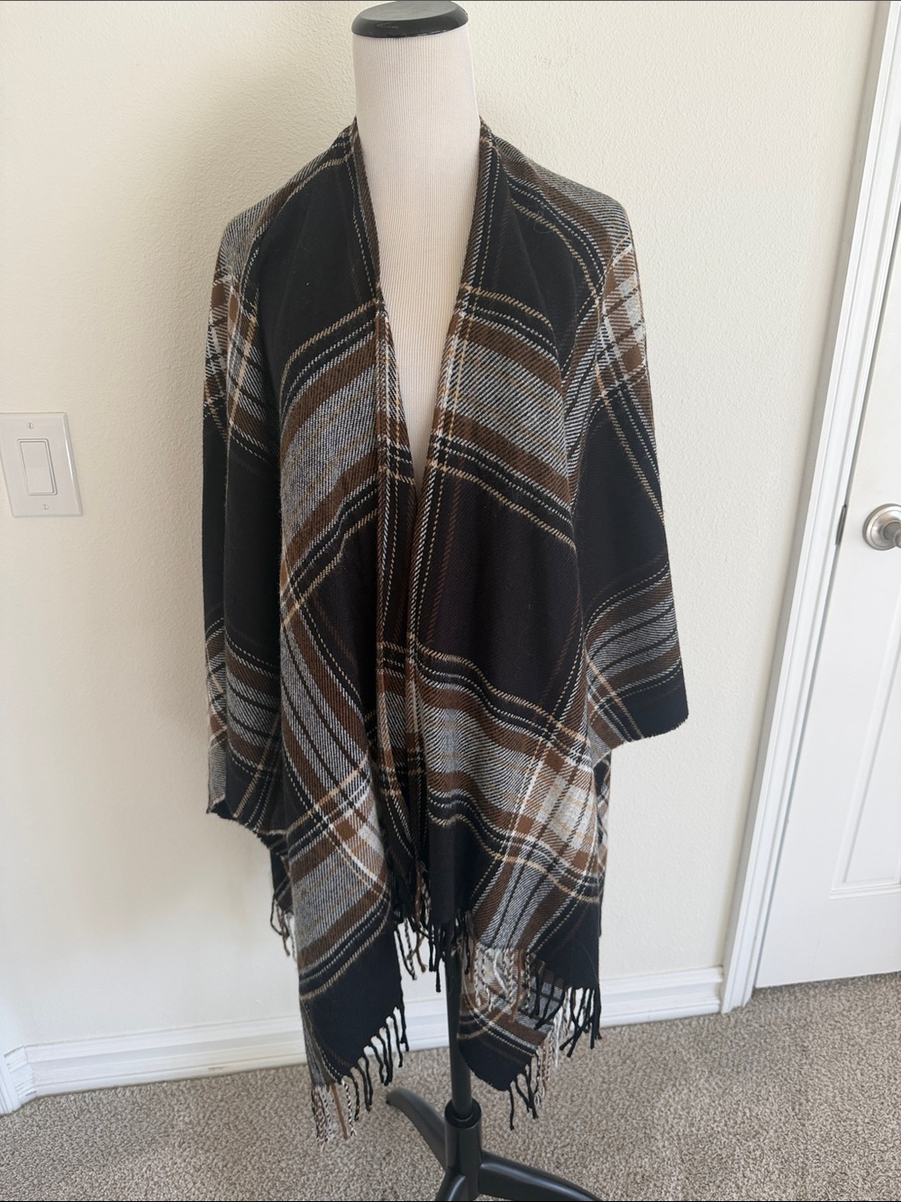 Charter Club Black, Brown & Gray Plaid Fringe Shawl